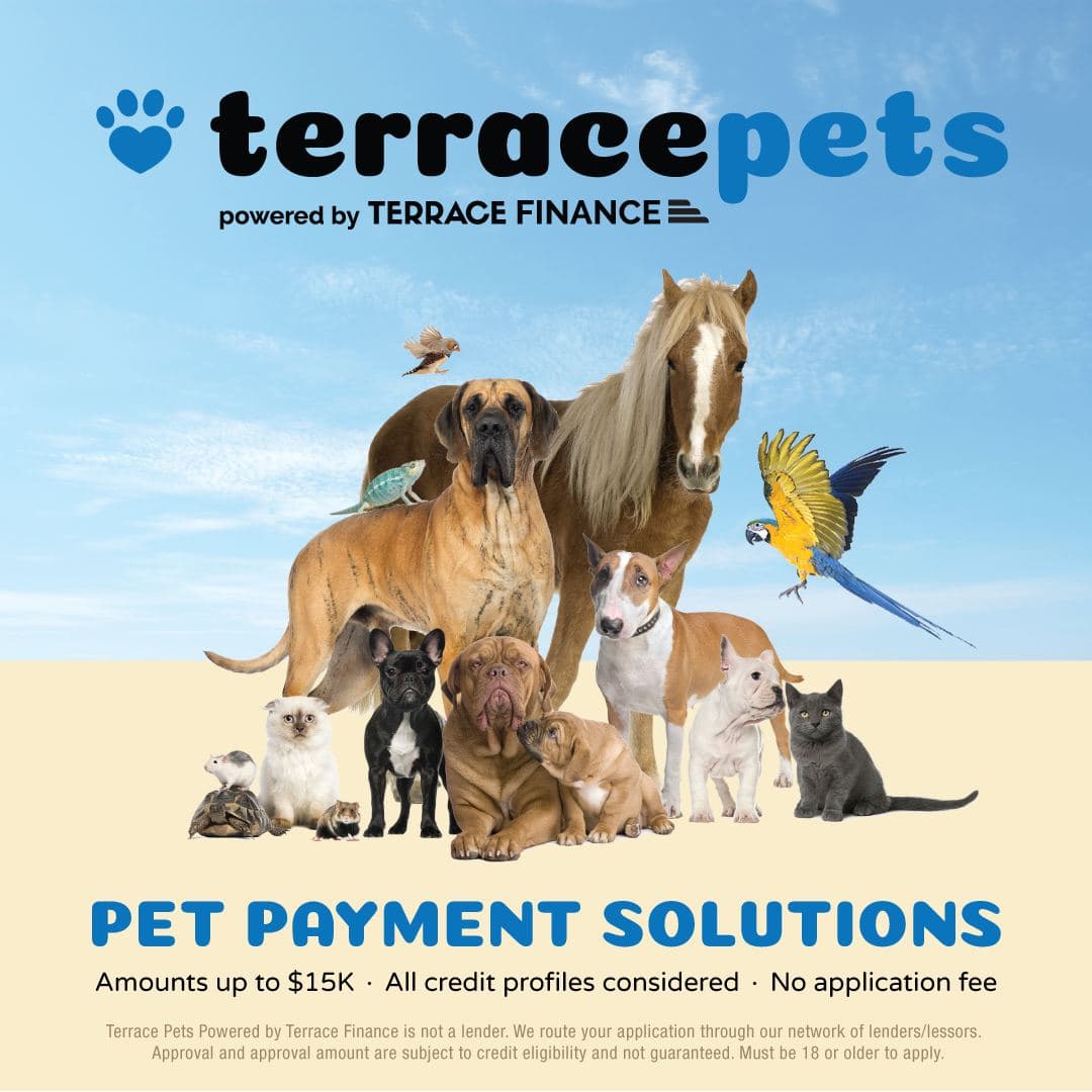 TerracePets — Pet Payment Solutions. Amounts up to $15K, all credit profiles considered, no application fee.